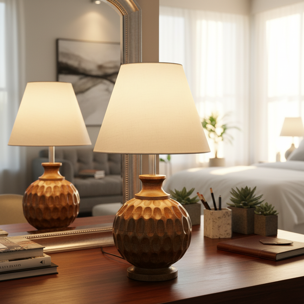 Artisan Carved Wood Table Lamp – Elegant Bedroom & Living Room Accent Light, Pack Of 1(White) - Image 8