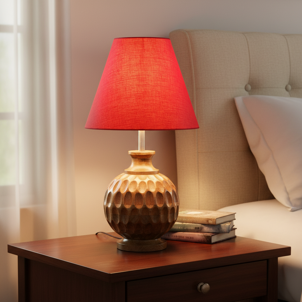 Artisan Carved Wood Table Lamp – Elegant Bedroom & Living Room Accent Light, Pack Of 1(Red)