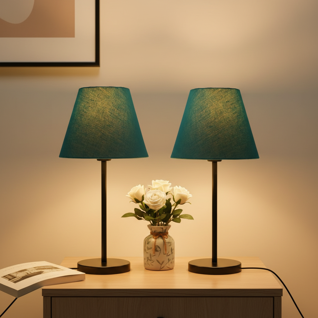 Slim Contemporary Night Lamp – Fabric Shade Accent Light for Home & Office, Pack Of 2(Teal) - Image 3