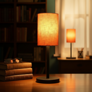 Black Bedside Lamp with Cylinder Fabric Shade Minimalist Lamp for Bedroom, Living Room & Office – Warm Ambient Nightstand Light(Orange Texture)