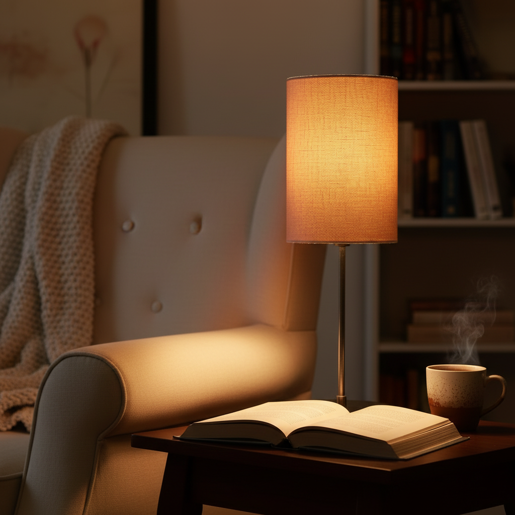 Minimalist Desk Lamp with Black Round Base – Soft Warm Lighting for Living Room & Study, Pack Of 1(Beige Cylinder) - Image 5