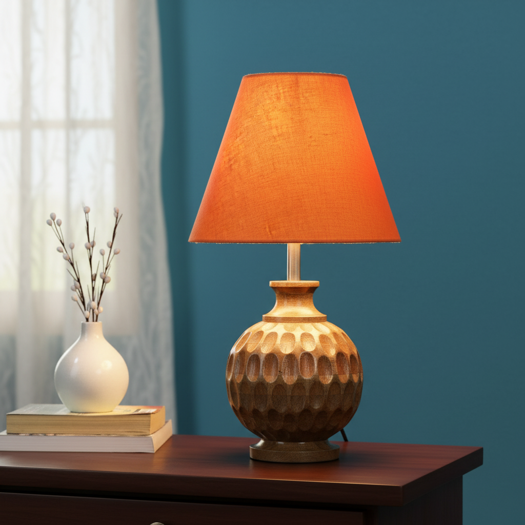 Artisan Carved Wood Table Lamp – Elegant Bedroom & Living Room Accent Light, Pack Of 1(Orange)