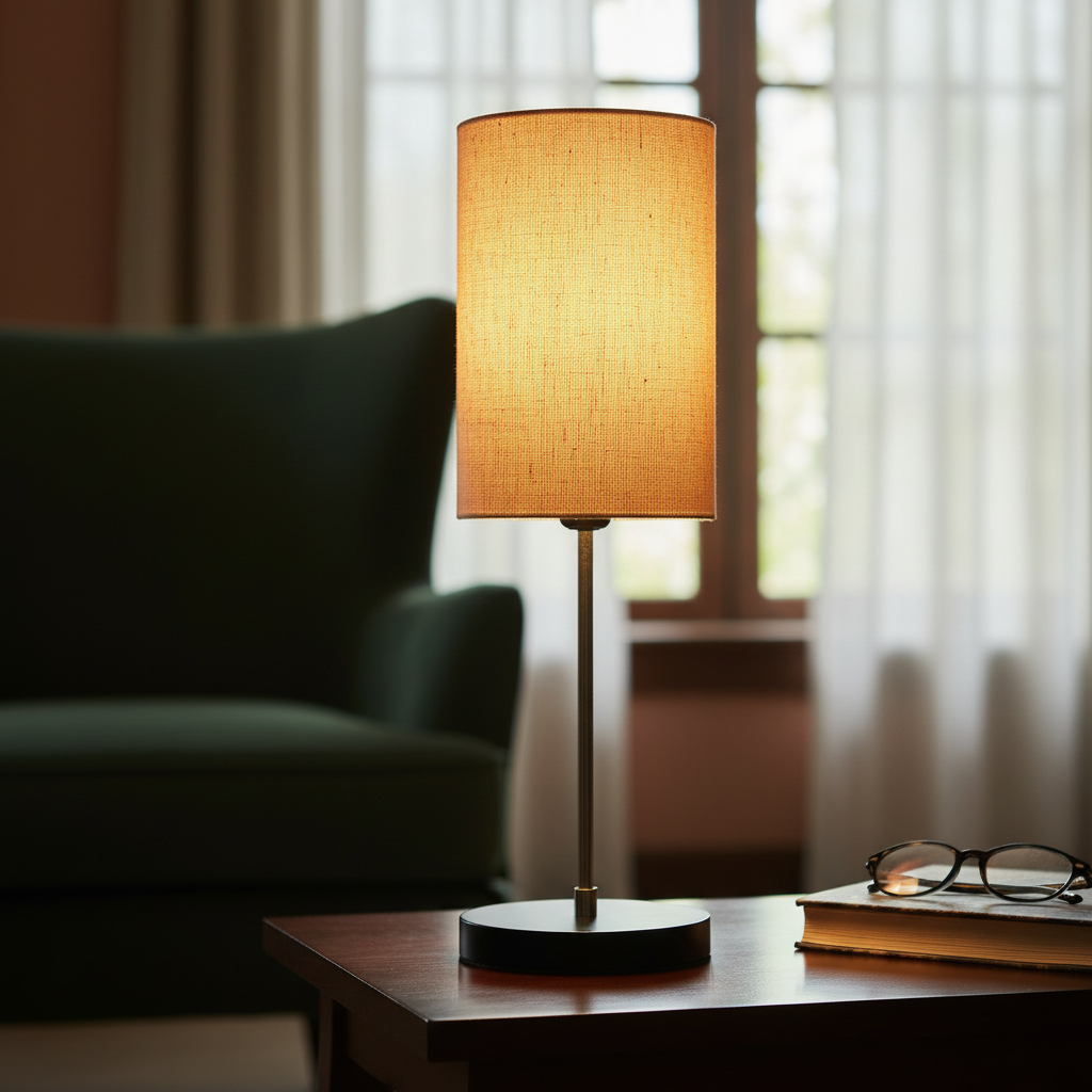 Minimalist Desk Lamp with Black Round Base – Soft Warm Lighting for Living Room & Study, Pack Of 1(Premium Jute Cylinder)