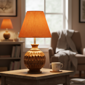 Artisan Carved Wood Table Lamp – Elegant Bedroom & Living Room Accent Light, Pack Of 1(Orange Texture)