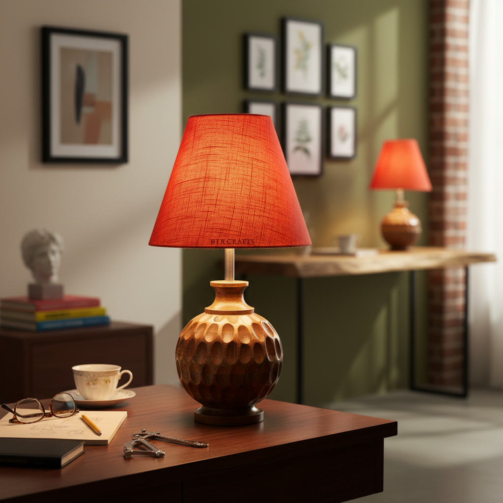 Artisan Carved Wood Table Lamp – Elegant Bedroom & Living Room Accent Light, Pack Of 1(Red Texture) - Image 6