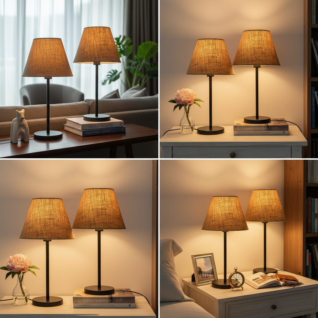 Slim Contemporary Night Lamp – Fabric Shade Accent Light for Home & Office, Pack Of 2(Natural Jute) - Image 8