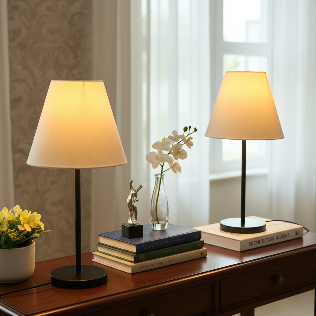 Slim Contemporary Night Lamp – Fabric Shade Accent Light for Home & Office, Pack Of 2(White)