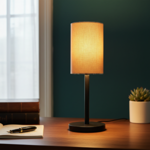 Black Bedside Lamp with Cylinder Fabric Shade Minimalist Lamp for Bedroom, Living Room & Office – Warm Ambient Nightstand Light(Beige)