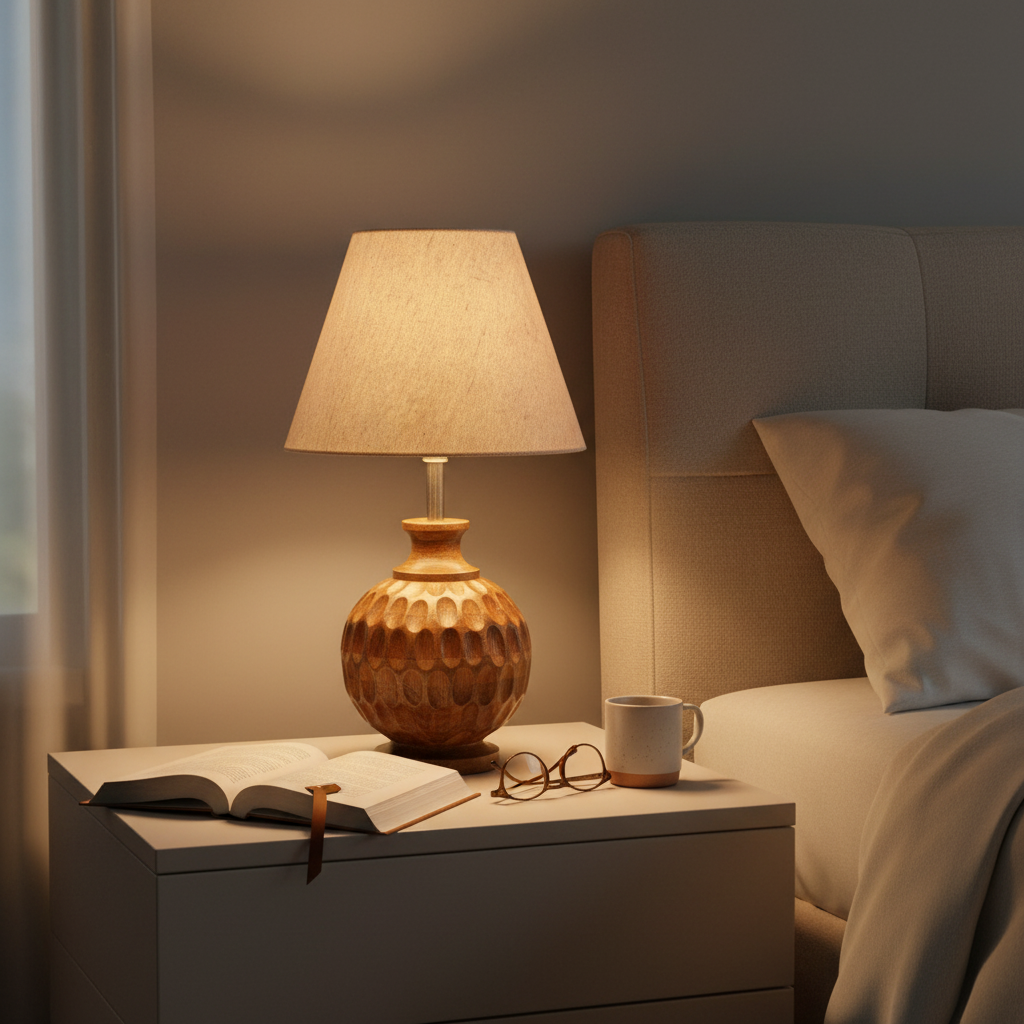 Artisan Carved Wood Table Lamp – Elegant Bedroom & Living Room Accent Light, Pack Of 1(Premium Jute) - Image 3