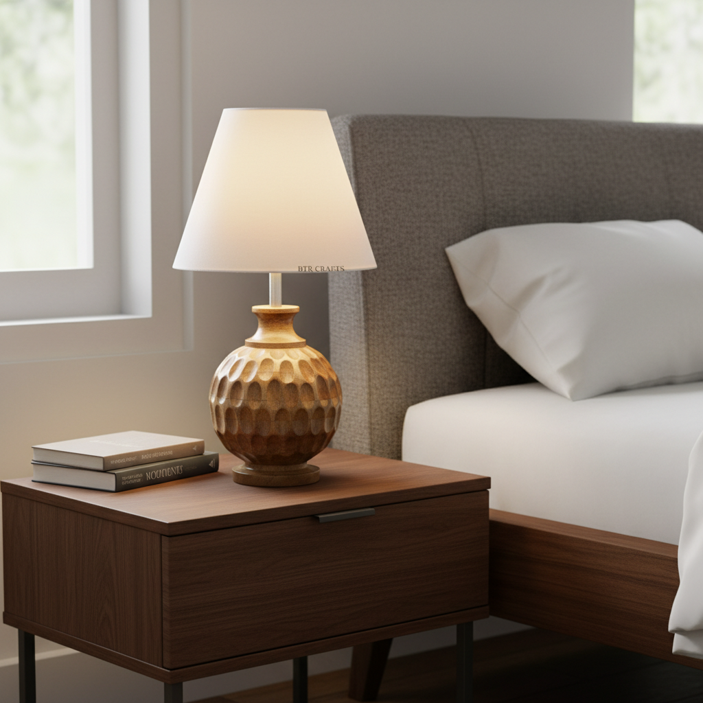 Artisan Carved Wood Table Lamp – Elegant Bedroom & Living Room Accent Light, Pack Of 1(Cream) - Image 9