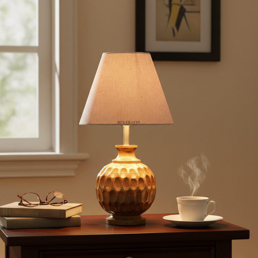 Artisan Carved Wood Table Lamp – Elegant Bedroom & Living Room Accent Light, Pack Of 1(Beige) - Image 5