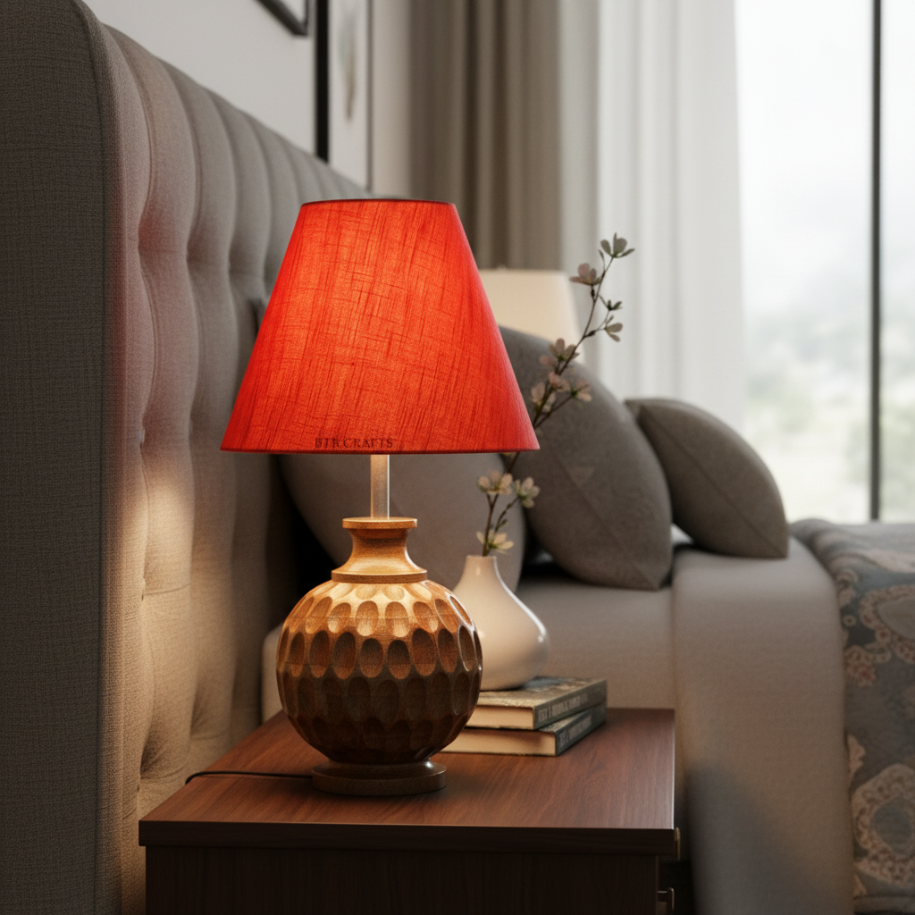 Artisan Carved Wood Table Lamp – Elegant Bedroom & Living Room Accent Light, Pack Of 1(Red Texture) - Image 2