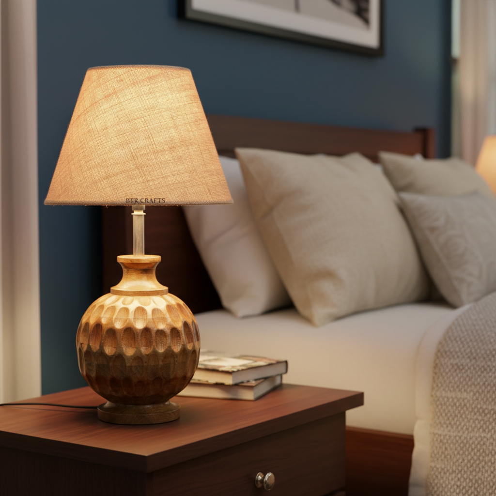 Artisan Carved Wood Table Lamp – Elegant Bedroom & Living Room Accent Light, Pack Of 1(Natural Jute) - Image 9