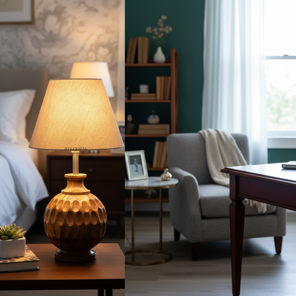 Artisan Carved Wood Table Lamp – Elegant Bedroom & Living Room Accent Light, Pack Of 1(Premium Jute) - Image 5