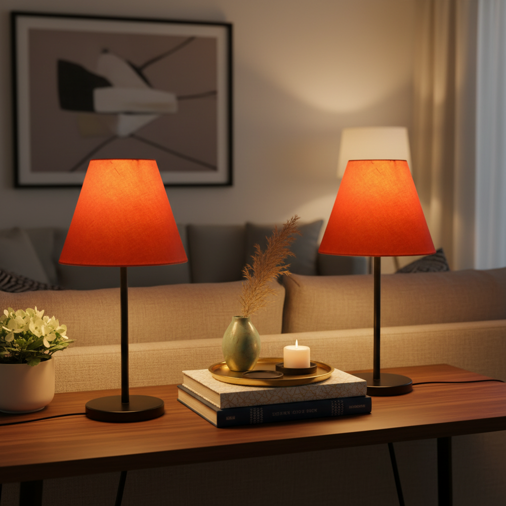 Slim Contemporary Night Lamp – Fabric Shade Accent Light for Home & Office, Pack Of 2(Orange) - Image 3