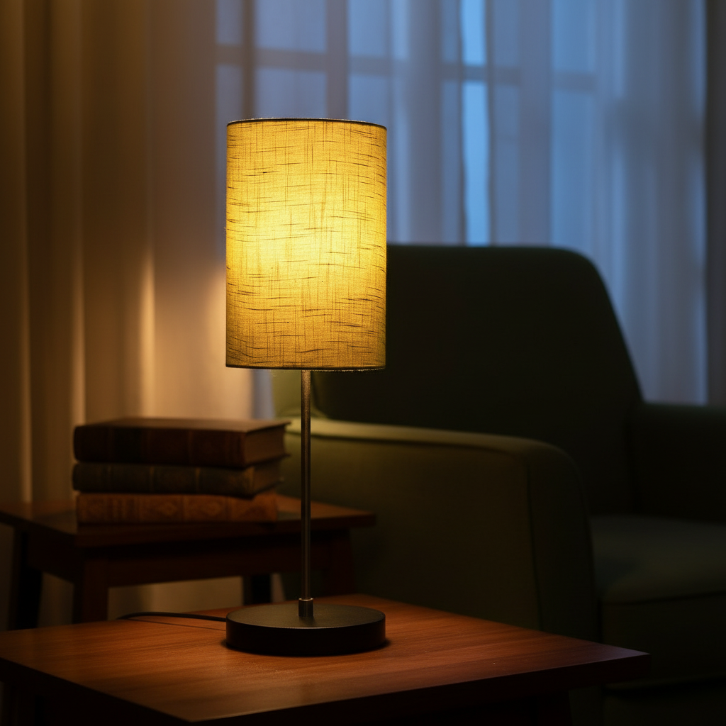 Minimalist Desk Lamp with Black Round Base – Soft Warm Lighting for Living Room & Study, Pack Of 1(Green Texture Cylinder)