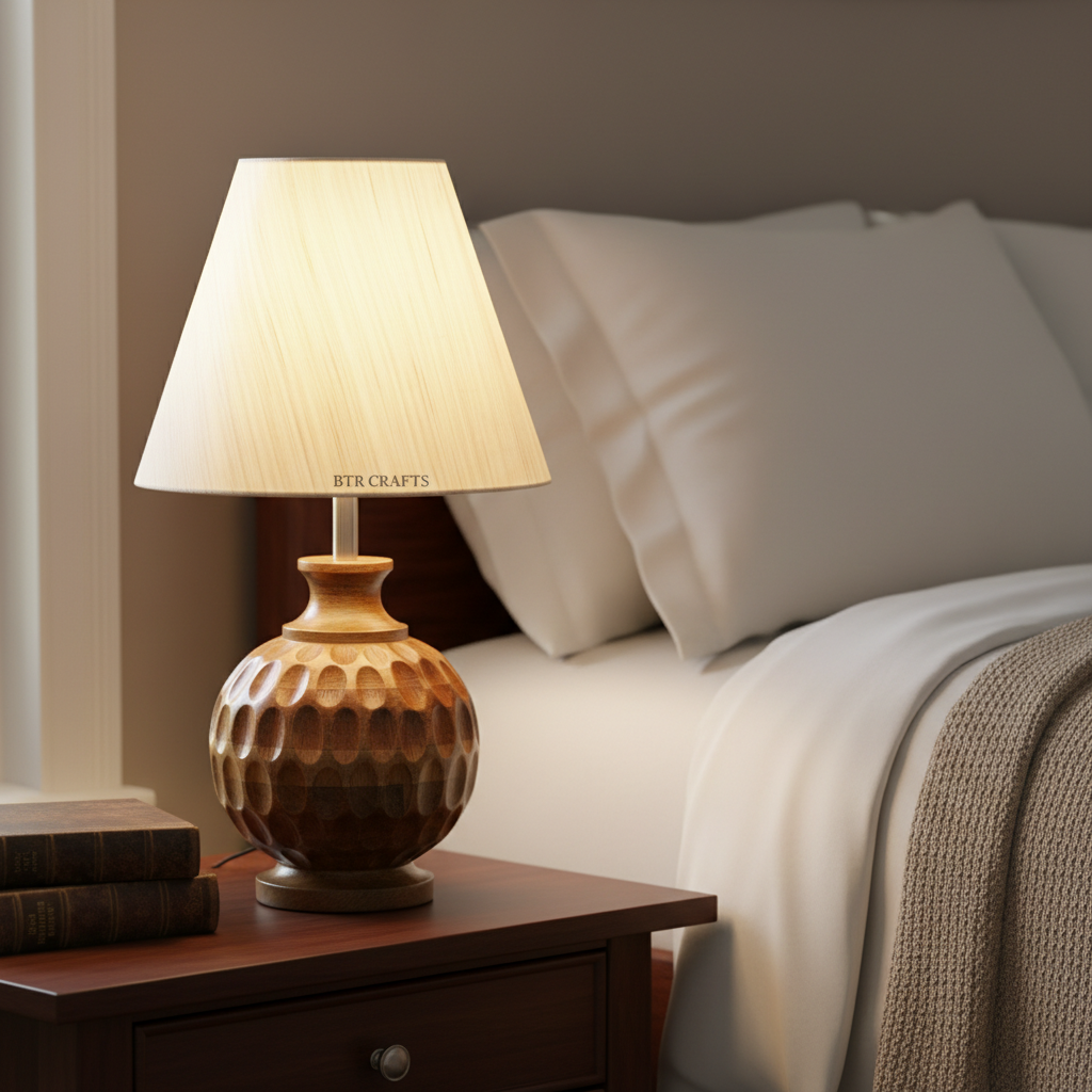 Artisan Carved Wood Table Lamp – Elegant Bedroom & Living Room Accent Light, Pack Of 1(Cream Texture) - Image 3