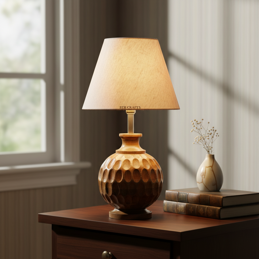 Artisan Carved Wood Table Lamp – Elegant Bedroom & Living Room Accent Light, Pack Of 1(Premium Jute)