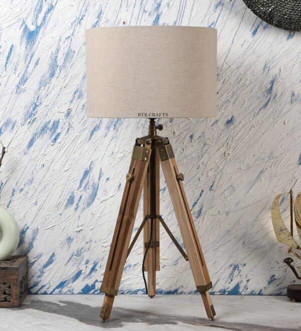 Natural Teak Wood Tripod Table Lamp, Modern Design Standing Lamp For Bedroom, Dining And Living Room - Image 2