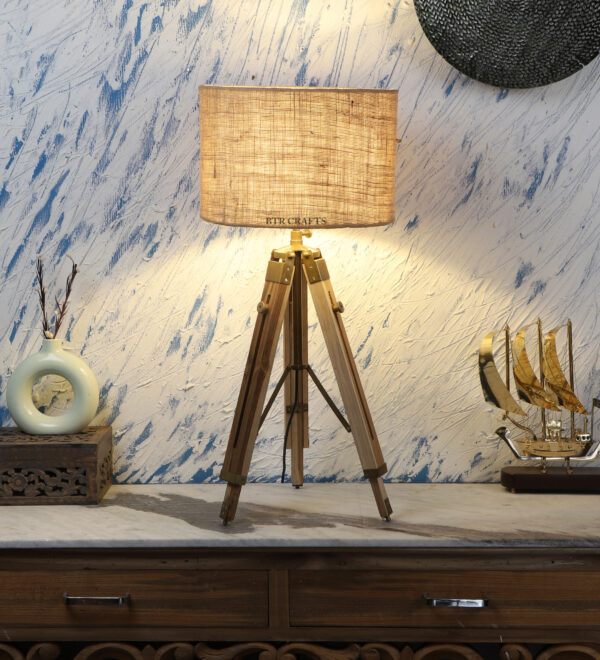Natural Teak Wood Tripod Table Lamp, Modern Design Standing Lamp For Bedroom, Dining And Living Room - Image 3