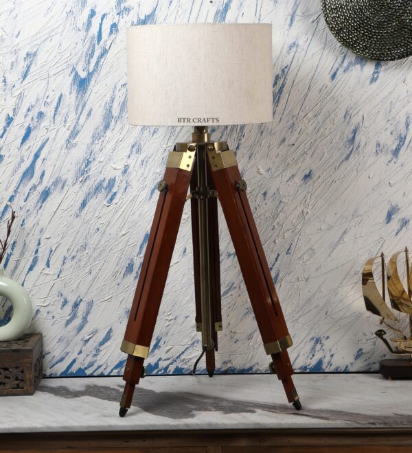 Teak Wood Tripod Table Lamp, Modern Design Standing Lamp For Bedroom, Dining And Living Room - Image 2