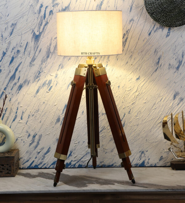 Teak Wood Tripod Table Lamp, Modern Design Standing Lamp For Bedroom, Dining And Living Room - Image 3