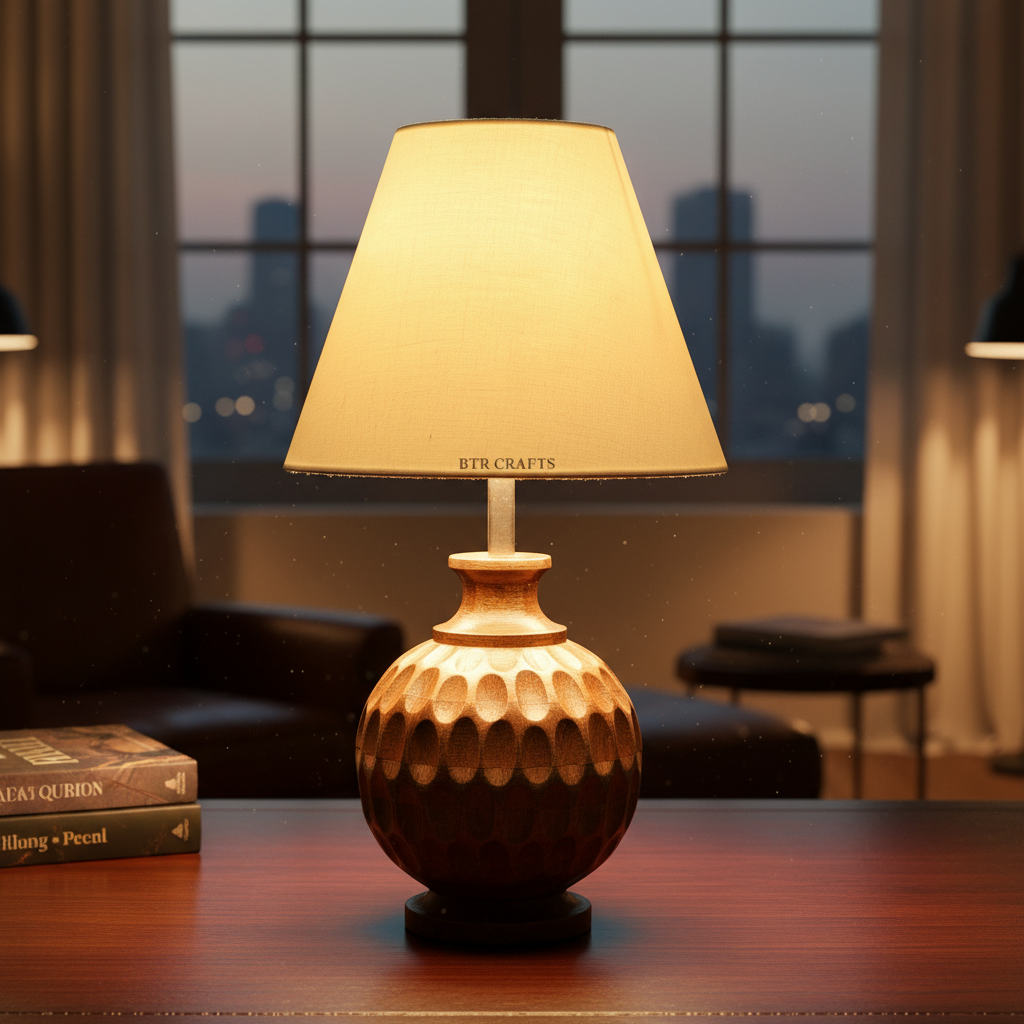 Artisan Carved Wood Table Lamp – Elegant Bedroom & Living Room Accent Light, Pack Of 1(Pale Yellow)