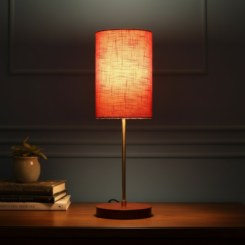 Decorative Brown Table Lamp with Cylinder Shade – Stylish Bedside & Reading Lamp for Home Décor(Red Texture)