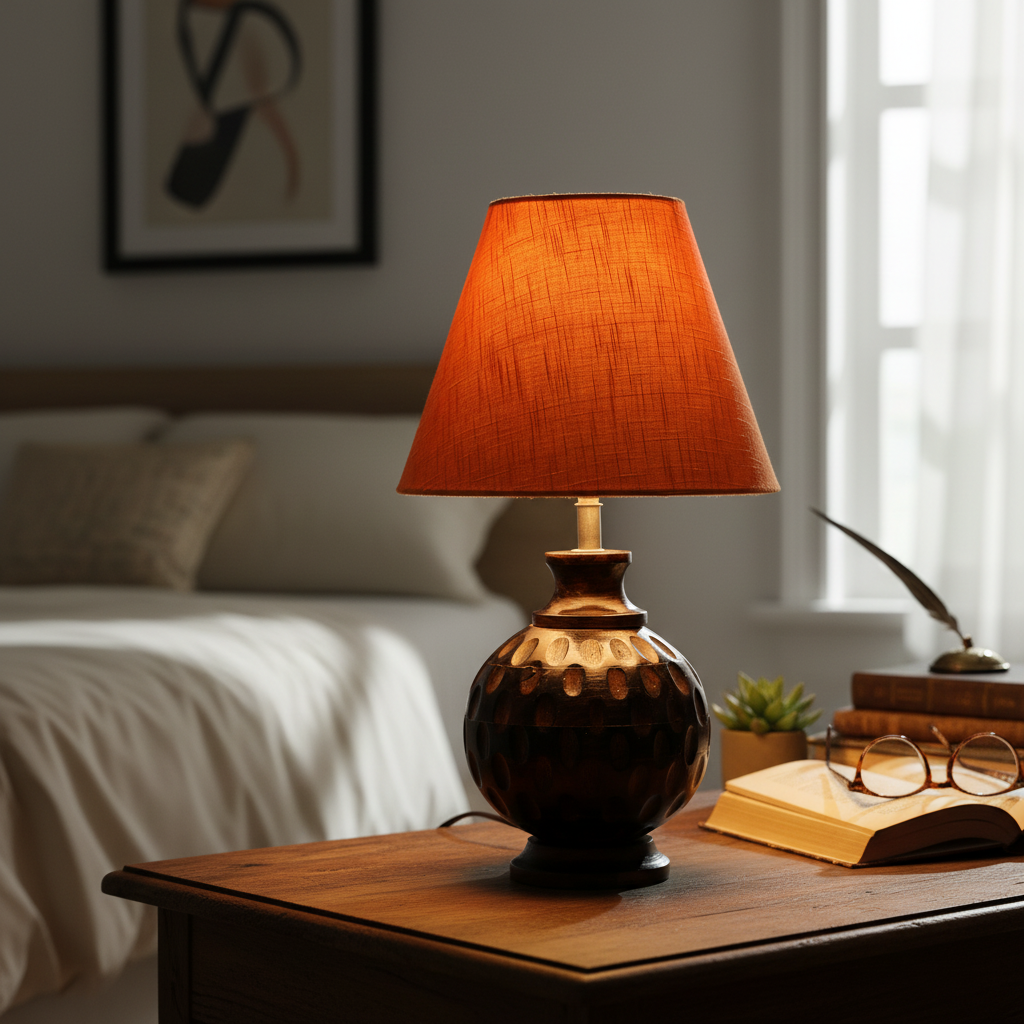 Rustic Wooden Bedside Table Lamp with Linen Shade – Traditional Night Lamp for Home Décor, Pack Of 1(Orange Texture) - Image 9