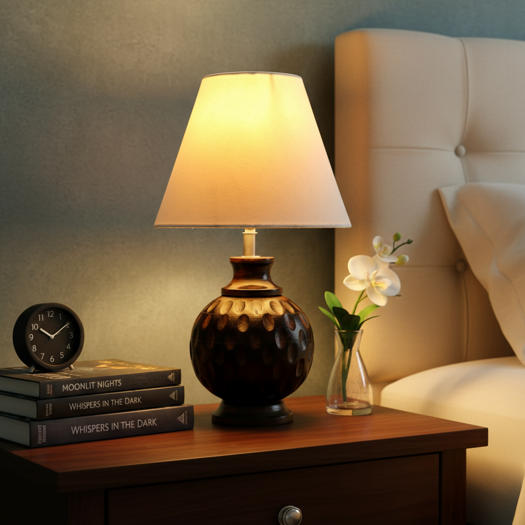 Rustic Wooden Bedside Table Lamp with Linen Shade – Traditional Night Lamp for Home Décor, Pack Of 1(White) - Image 6