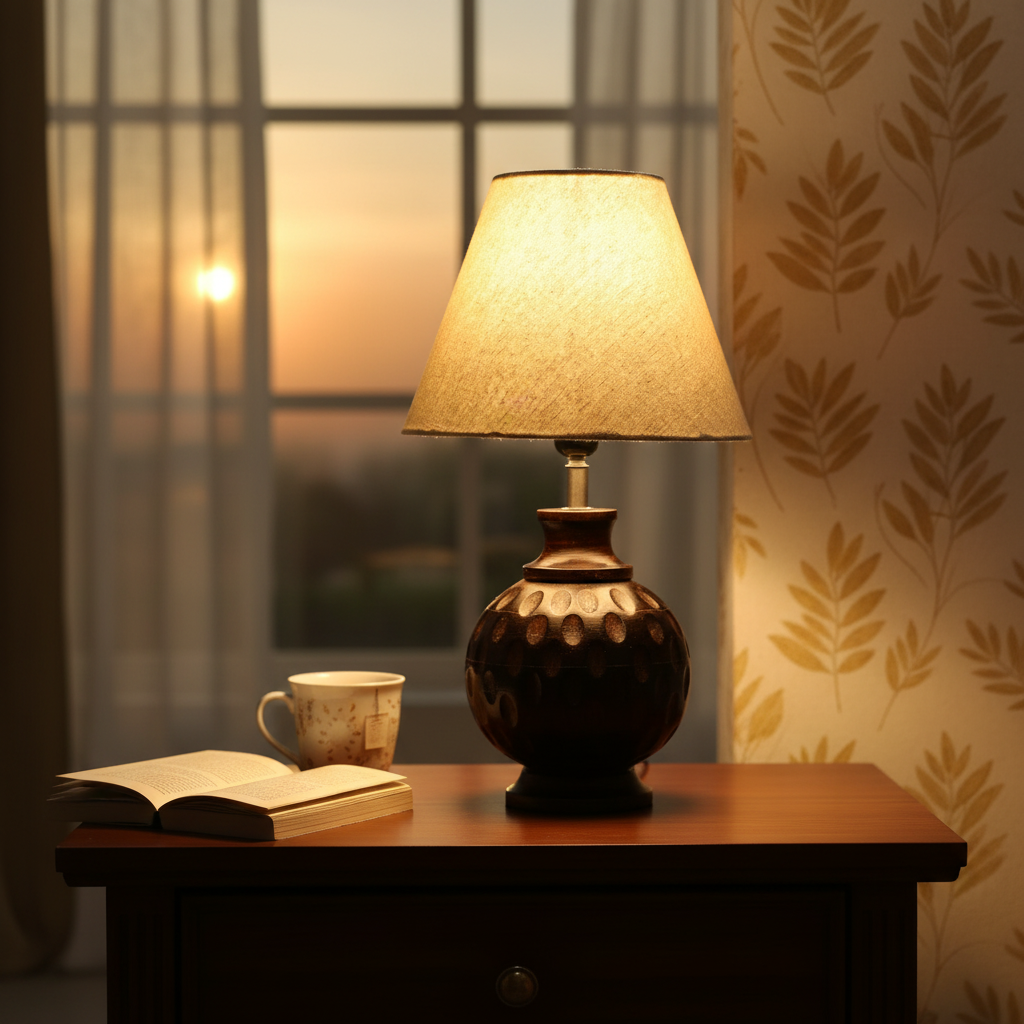 Rustic Wooden Bedside Table Lamp with Linen Shade – Traditional Night Lamp for Home Décor, Pack Of 1(Premium Jute) - Image 9