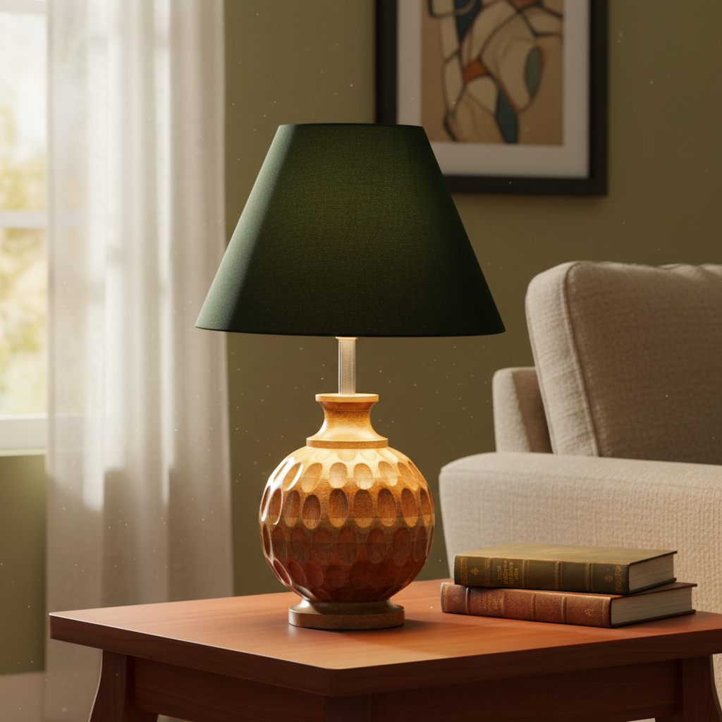 Artisan Carved Wood Table Lamp – Elegant Bedroom & Living Room Accent Light, Pack Of 1(Dark Green)