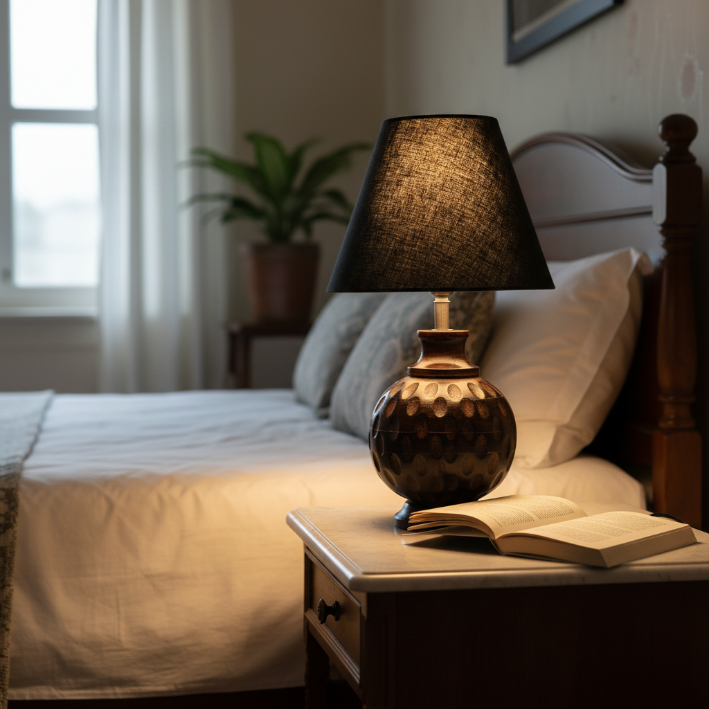 Rustic Wooden Bedside Table Lamp with Linen Shade – Traditional Night Lamp for Home Décor, Pack Of 1(Black) - Image 8