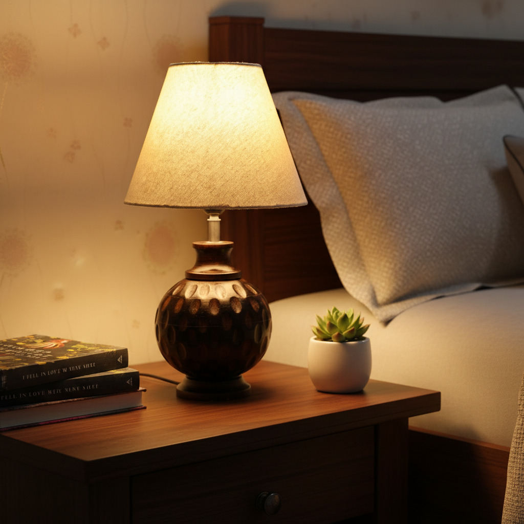 Rustic Wooden Bedside Table Lamp with Linen Shade – Traditional Night Lamp for Home Décor, Pack Of 1(Premium Jute) - Image 6