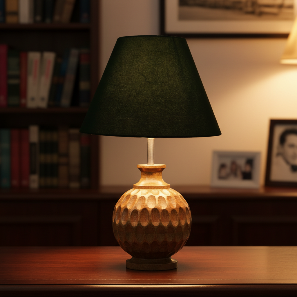 Artisan Carved Wood Table Lamp – Elegant Bedroom & Living Room Accent Light, Pack Of 1(Dark Green) - Image 8