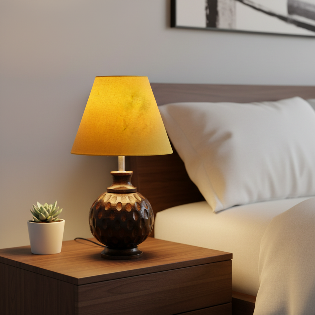 Rustic Wooden Bedside Table Lamp with Linen Shade – Traditional Night Lamp for Home Décor, Pack Of 1(Yellow) - Image 6