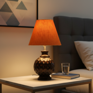 Rustic Wooden Bedside Table Lamp with Linen Shade – Traditional Night Lamp for Home Décor, Pack Of 1(Orange Texture)