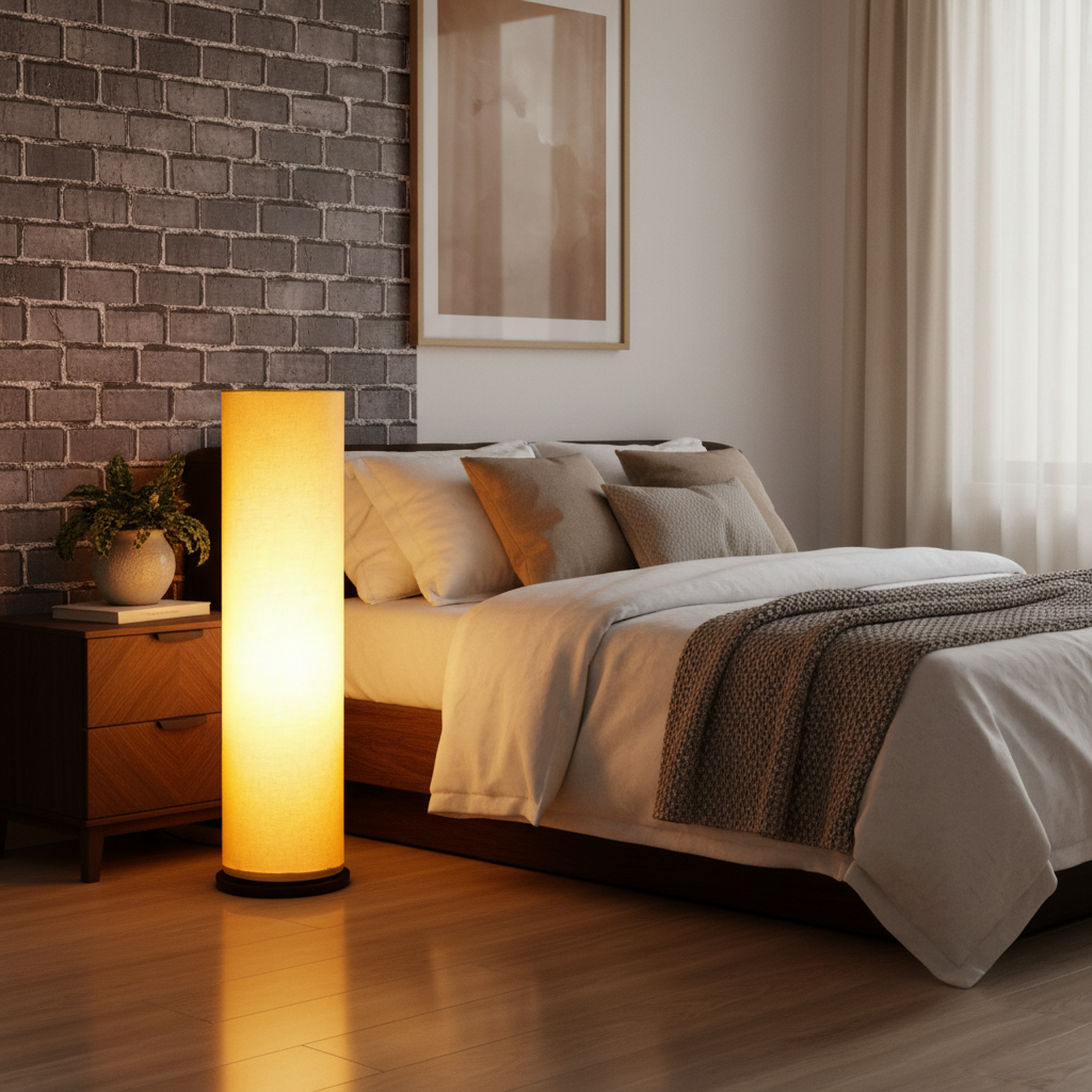 Wooden Base Cylinder Shape Corner Decorative Floor Lamp, Yellow- Pack Of 1 - Image 11