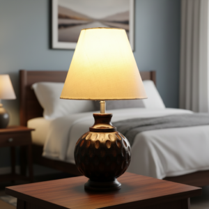 Rustic Wooden Bedside Table Lamp with Linen Shade – Traditional Night Lamp for Home Décor, Pack Of 1(Cream)