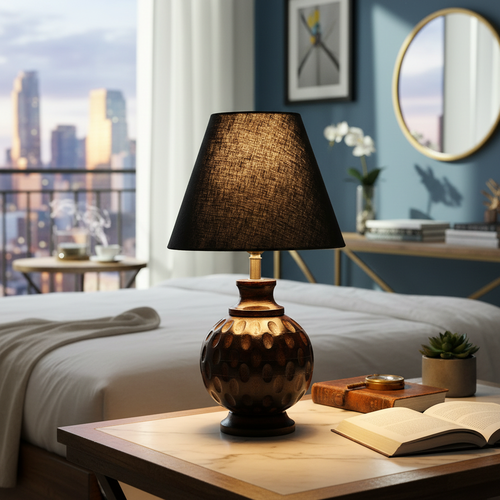 Rustic Wooden Bedside Table Lamp with Linen Shade – Traditional Night Lamp for Home Décor, Pack Of 1(Black) - Image 3