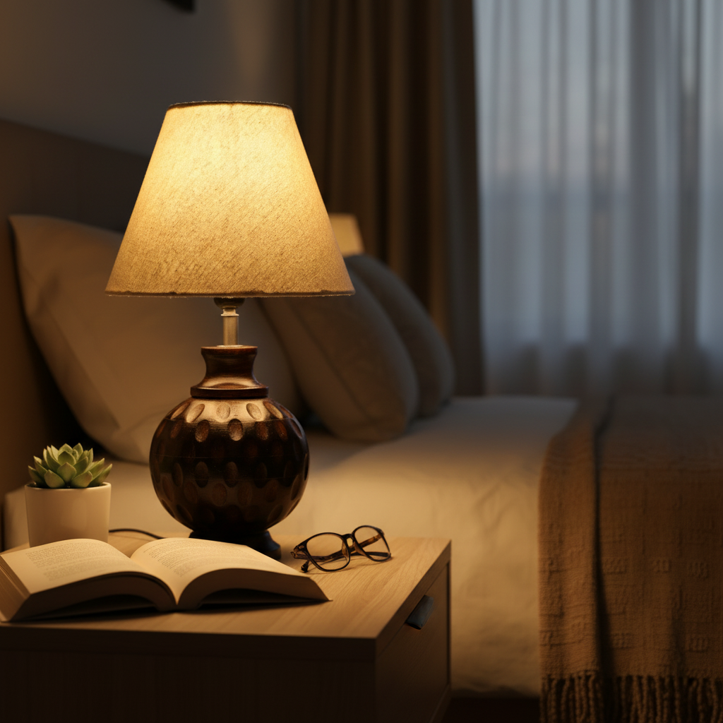 Rustic Wooden Bedside Table Lamp with Linen Shade – Traditional Night Lamp for Home Décor, Pack Of 1(Beige) - Image 12