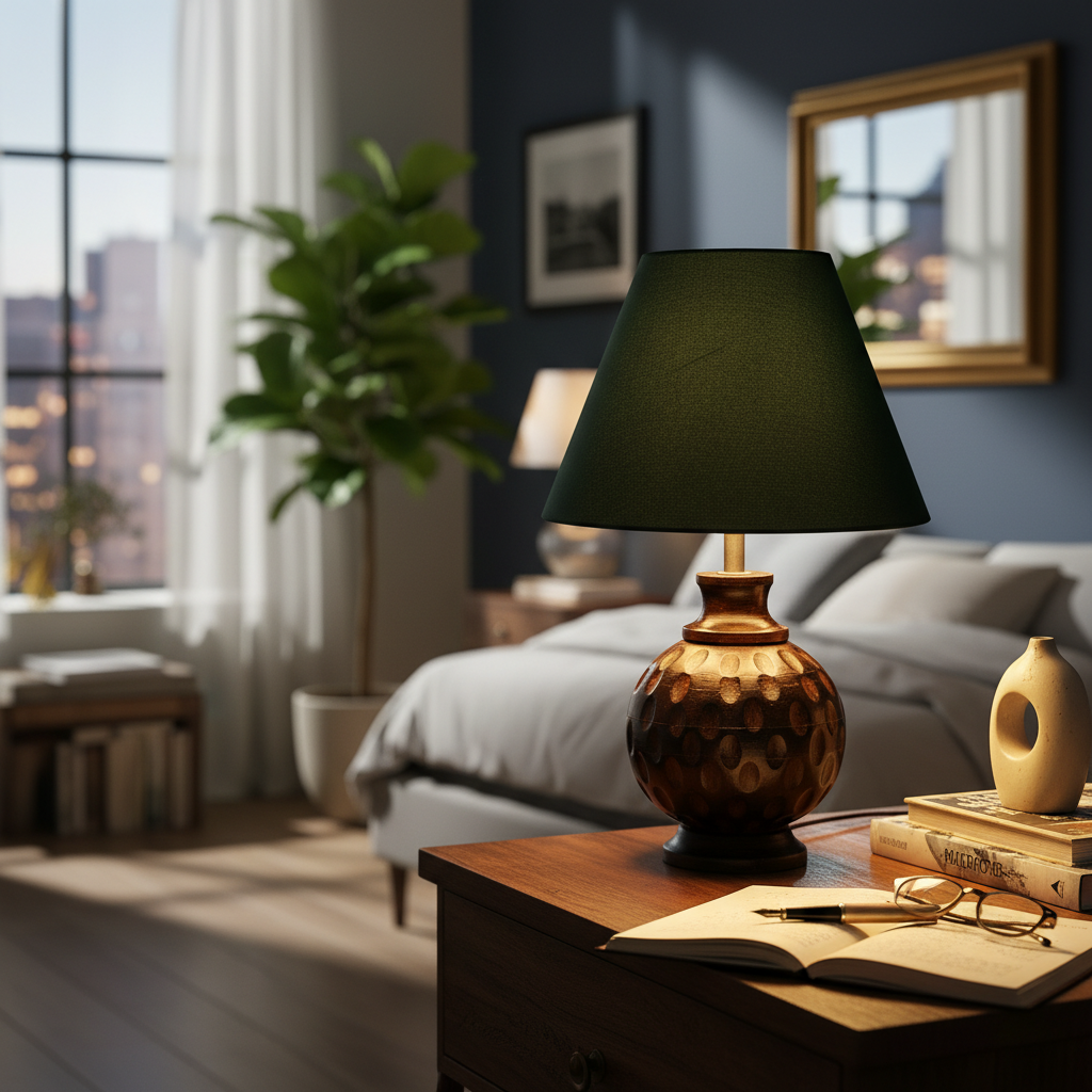 Rustic Wooden Bedside Table Lamp with Linen Shade – Traditional Night Lamp for Home Décor, Pack Of 1(Dark Green) - Image 5