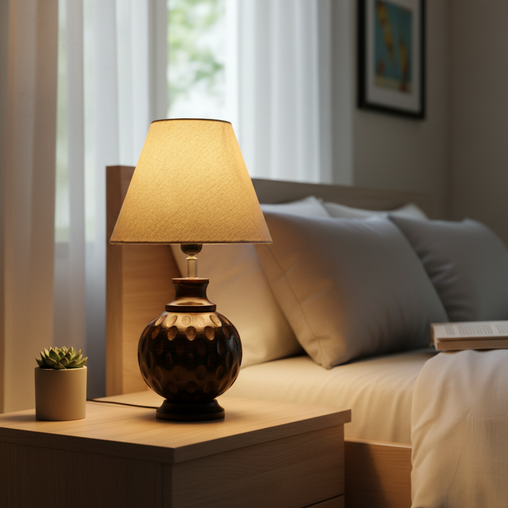 Rustic Wooden Bedside Table Lamp with Linen Shade – Traditional Night Lamp for Home Décor, Pack Of 1(Beige) - Image 5