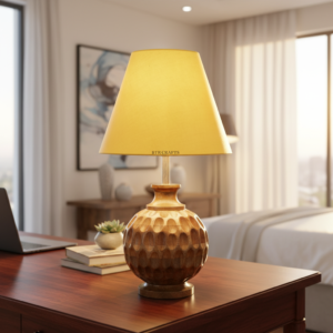 Artisan Carved Wood Table Lamp – Elegant Bedroom & Living Room Accent Light, Pack Of 1(Yellow)