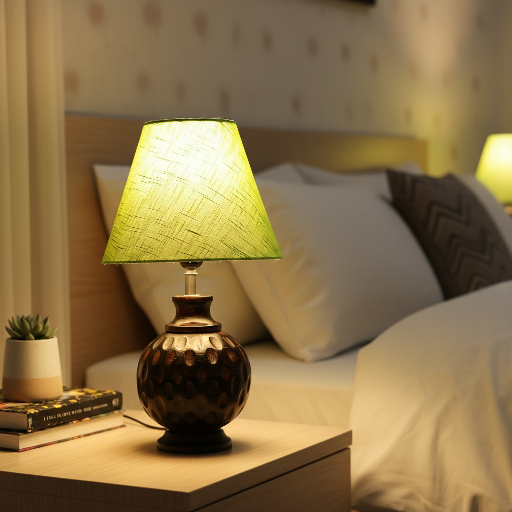 Rustic Wooden Bedside Table Lamp with Linen Shade – Traditional Night Lamp for Home Décor, Pack Of 1(Green Texture) - Image 8