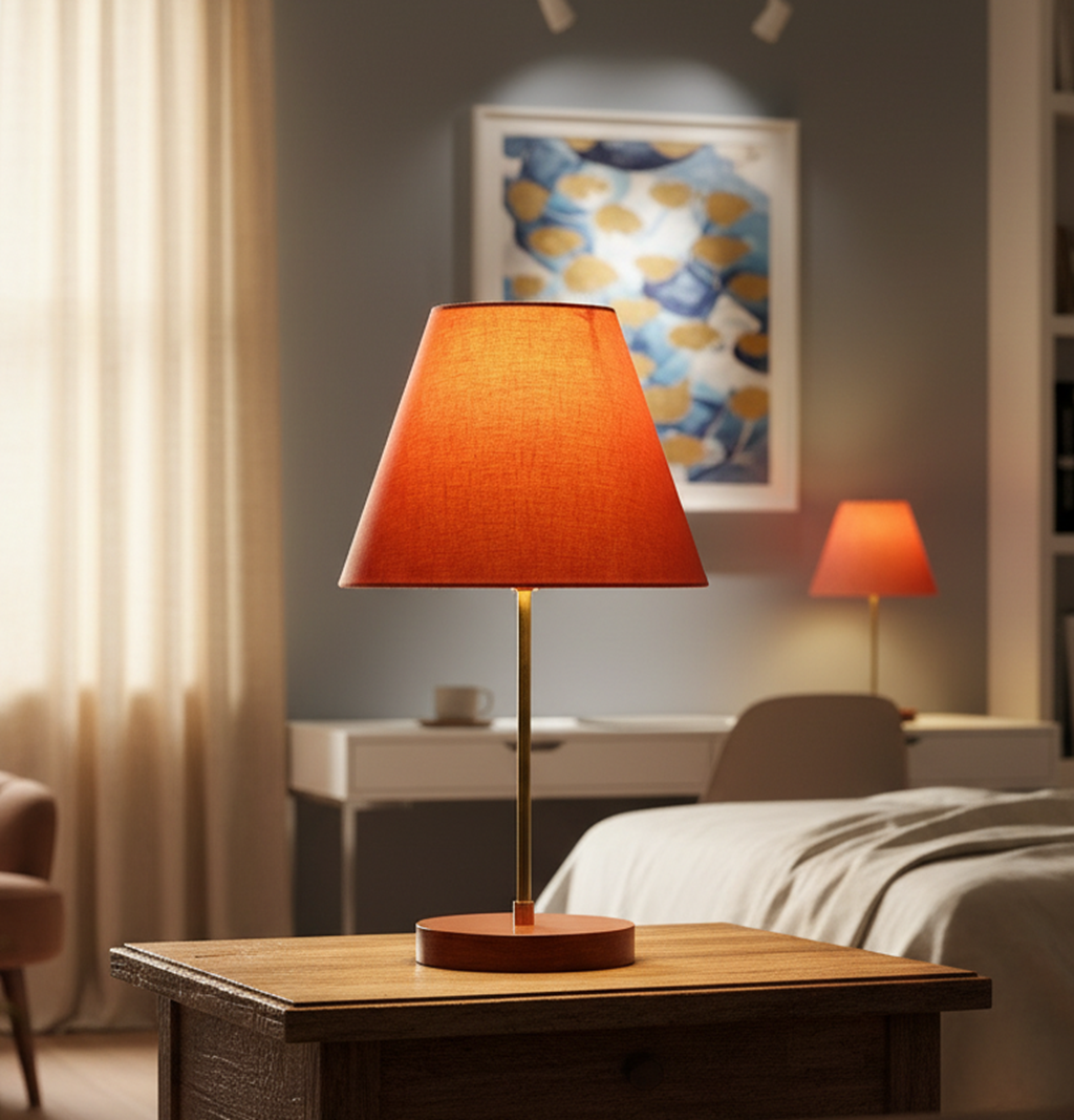 Decorative Brown Table Lamp with Conical Shade – Stylish Bedside & Reading Lamp for Home Décor(Orange)