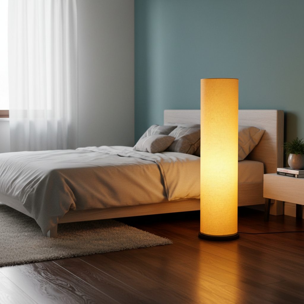 Wooden Base Cylinder Shape Corner Decorative Floor Lamp, Yellow- Pack Of 1 - Image 3