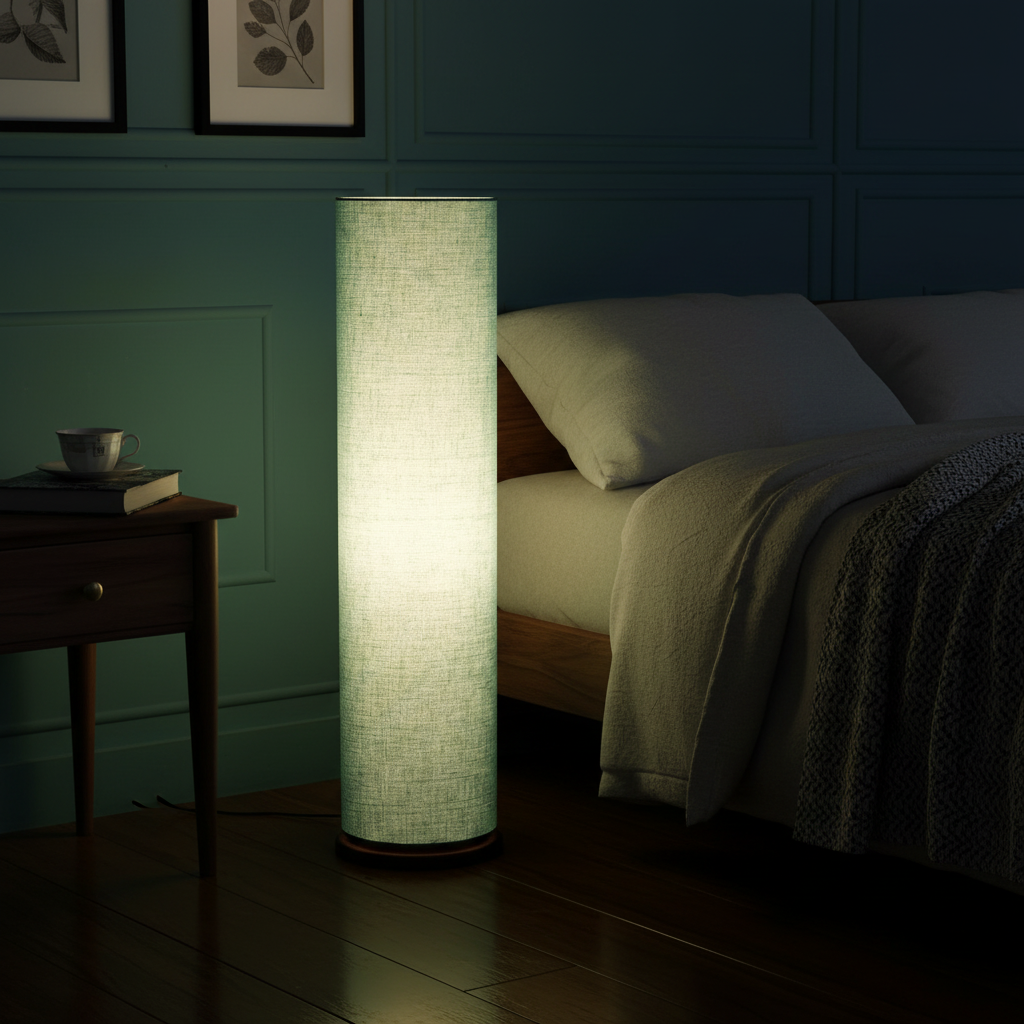 Wooden Base Cylinder Shape Corner Decorative Floor Lamp, Teal- Pack Of 1 - Image 8