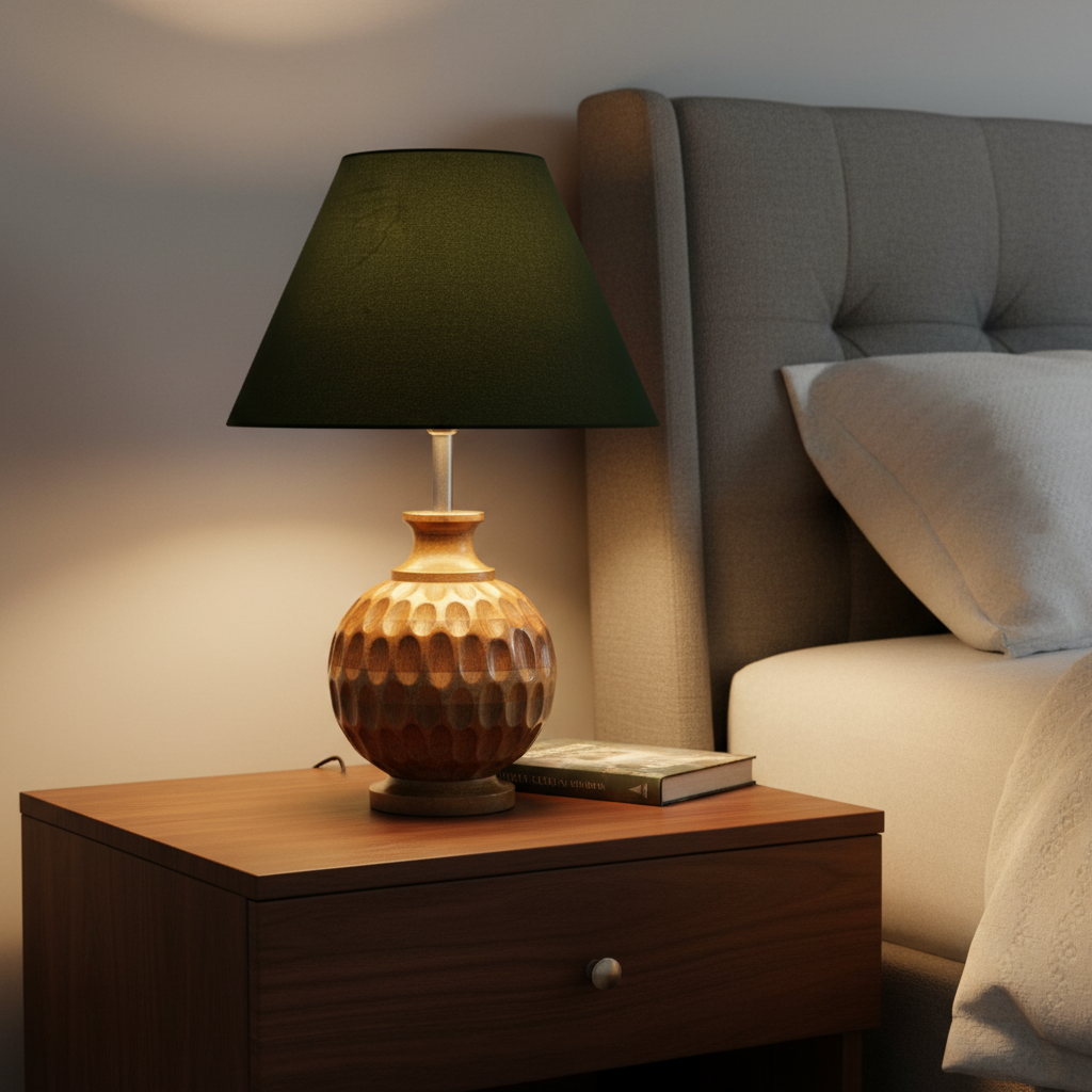 Artisan Carved Wood Table Lamp – Elegant Bedroom & Living Room Accent Light, Pack Of 1(Dark Green) - Image 3