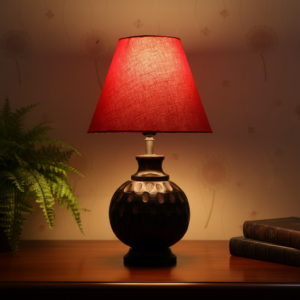 Rustic Wooden Bedside Table Lamp with Linen Shade – Traditional Night Lamp for Home Décor, Pack Of 1(Red)